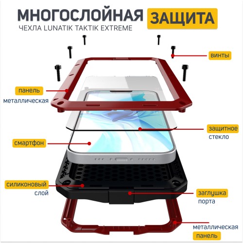 Ударопрочный чехол Lunatik Taktik Extreme Satin Red для iPhone 13