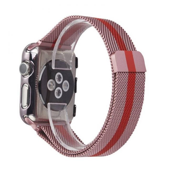 Металлический плетёный ремешок Apple Rose Red Striped Milanese Loop для Apple Watch 42/44/45/49 мм розовый с красным