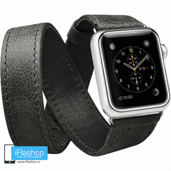 Кожаный ремешок двойной Jisoncase Genuine Leather Black для Apple Watch 38 - 40 - 41 мм черный (с крепежом)