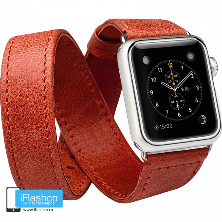 Кожаный ремешок двойной Jisoncase Genuine Leather Red для Apple Watch 38 - 40 - 41 мм красный (с крепежом)